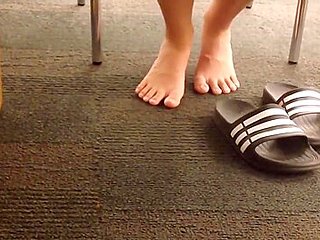 Candid College Library Asian Chick Adidas Slides Feet A...