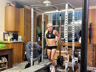 Horny blonde MILF gives the best workout to her hot gym husband in the gym.