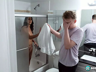 MILF Mallory Knight Gives Step-Son a Hot Blowjob & Hard Fuck in the Bathroom