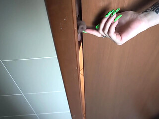 Femdom crazy chick punishing his cock on the door
