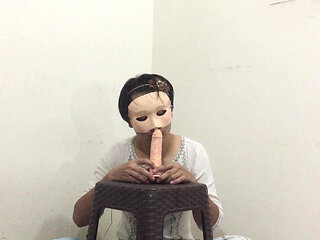 Femboy Sissy deepthroats a dildo, plays with their nipples and does a cumshot