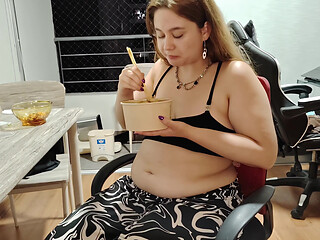 Nicole's Massive Takeout Stuffing - Belly & Ass Tease