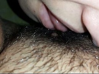 I press her head closer to my hairy pussy with my hand so I can cum harder