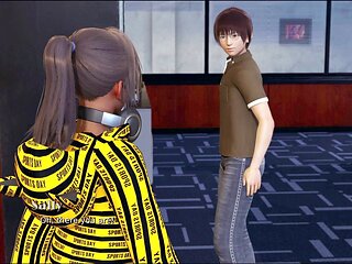 Hot brunette with big tits and a big ass in an adult visual novel