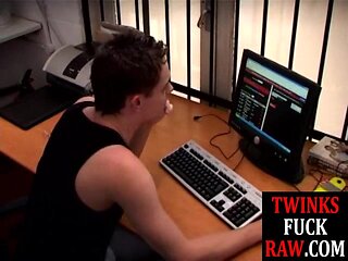 Oral pleased twink breeded in threesome until spraying jizz