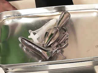 Bad Doctor plays with hot brunette's wet snatch using a vibrating toy