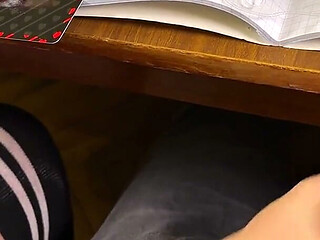 High Schoolgirl Stroking Him off in Math Class Under the Table. at College