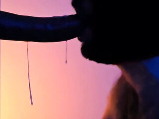 hot hairy and hooded man sucking gagging and drooling on big 8 inch dildo