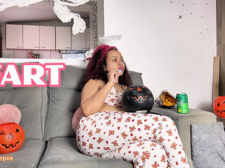 Gassy BBW Halloween Movie Night with Farting and Burping