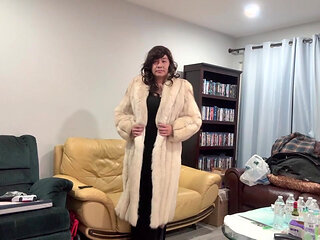 Asian sissy crossdresser in fox fur coats