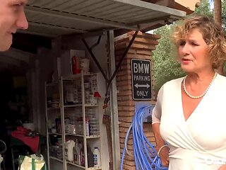 Horny Stud Takes Mature Grannys Seduction in Garage