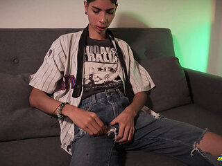 Skinny Twink Magic C Jerking His Big Cock After College And Eating His Own Cum