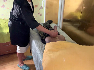 The Massager Give Handjob to the Erected Tranny Patient and Laugh on Him