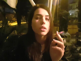Smoking and foot fetish in outdoor with cute teen