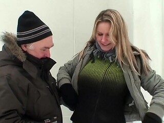 Old pervert takes advantage of granddaughter in the snow