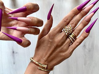 New Purple Color Long Nails, Sharp Stilettos, Palms and Long Fingers Wide