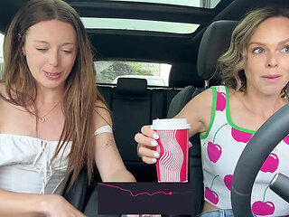 Nadia Foxx & Serenity Cox Remote Vibrator Fun in Car Drive Thru Cumming Hard