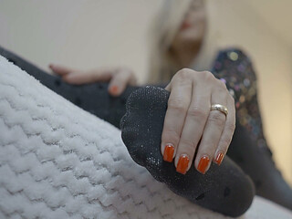 Mature Blonde MILF Teases with Glittery Stockinged Feet