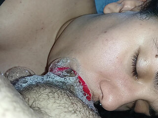 SO MUCH SPIT FROM HER EXTREME BLOWJOB, THAT SHE HAS FUN WITH IT ALL