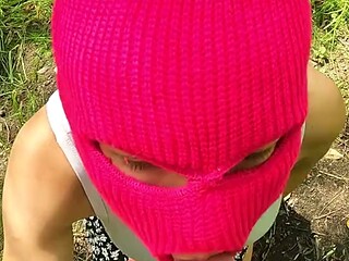 Ski mask girl sucks strangers cock in the woods