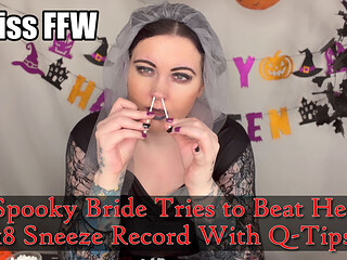 Spooky Bride Tries to Beat Her Sneeze Record with Q-tips, Fails & Plays with Spit Instead