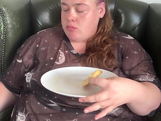 Huge Hungry BBW Stuffing Herself at Breakfast