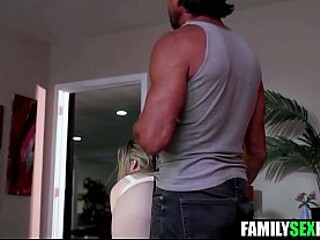 Stepson's huge cock shared by hot stepdaughters in taboo threeway
