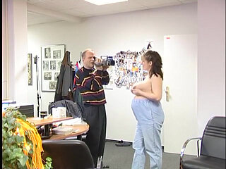 Pregnant brunette blowing old pals dick