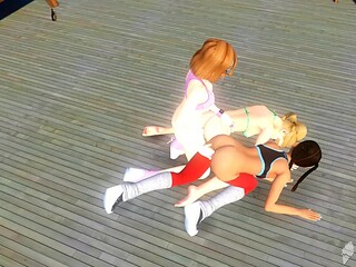 Three sexy cartoon ladies get it on in a lesbian threeway, using adult