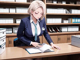 Kneeling on the Desk Amidst Piles of Files, Adjusting Her Collar with Those Teasing Eyes. Who Can Handle This?