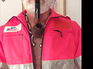 Stepdad Smoking His Pipe in Hi Viz Gear