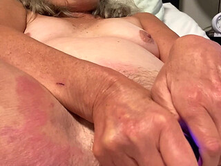 60+ Mature Wife Toys Hair Pussy with Favorite Vibrator Closeup