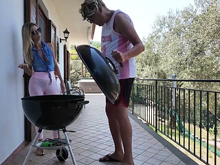 Distressed Stepaunt Seduces and Fucks Virgin Stepnephew to Convince Him to Help Her with the Bbq Before the Guests Arrive
