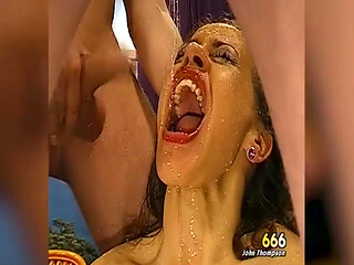 Brunette Slut Gets Cum and Piss All Over Her Face