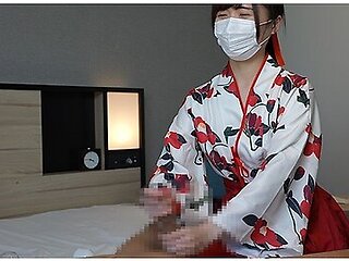 Japanese Girl Gives A Guy A Handjob Wearing Japanese Traditional Kimono