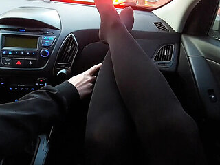 Step Mommy Teases Me With Her Nylon Legs In The Car