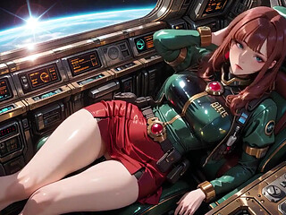 Inside the Sci-fi Train, She Wears a Tight Green Armor, Touching Her Red Lips While Gazing at the Galaxy Through the Porthole.