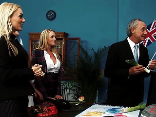 Big Boobed Brits Suck and Fuck Old Guys in Office Threesome
