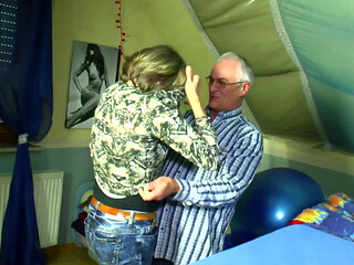 Blonde old woman likes to play with her hubby but with sex toys included