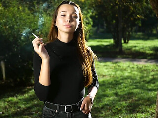 Seductive Russian Beauty Smoking Cigarette Outdoor Vibes