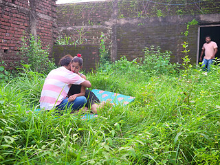 When a couple was getting ready to have sex in the ruins, a guy caught them and then had rough sex with the girl.
