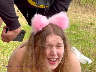 Girl Is Taken Out on a Leash by Master and Fuck Dildo in Pyssy with Anal Plug