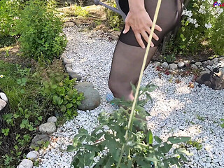 Mature Wife in Sheer Pantyhose Gets Fucked Hard in the Garden by Her Horny Old Man