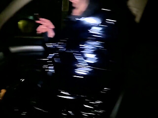 Night Pickup Downjacket MILF Fantasy, Smoking, Car Blowjob and Cum on Glossy Jacket