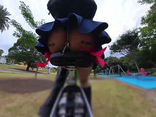 Exhibitionist Walking and Riding with Butt Plug, Red Garters and Dildo