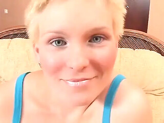 Shorthaired Blonde Teen gets drilled in her wet mouth by hard cock