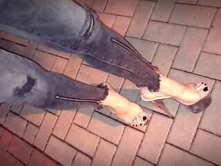 I walk in clear high heels on the street -  night walk