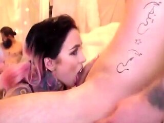 Tattooed Amateur Gives Lucky Man Intense Webcam Blowjob