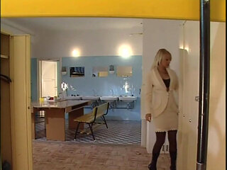 Sexy blonde hairy pussy fucking on the office table...cum in mouth