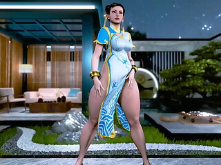 Thick enticing Chun Li poses solo in a revealing dress without panties